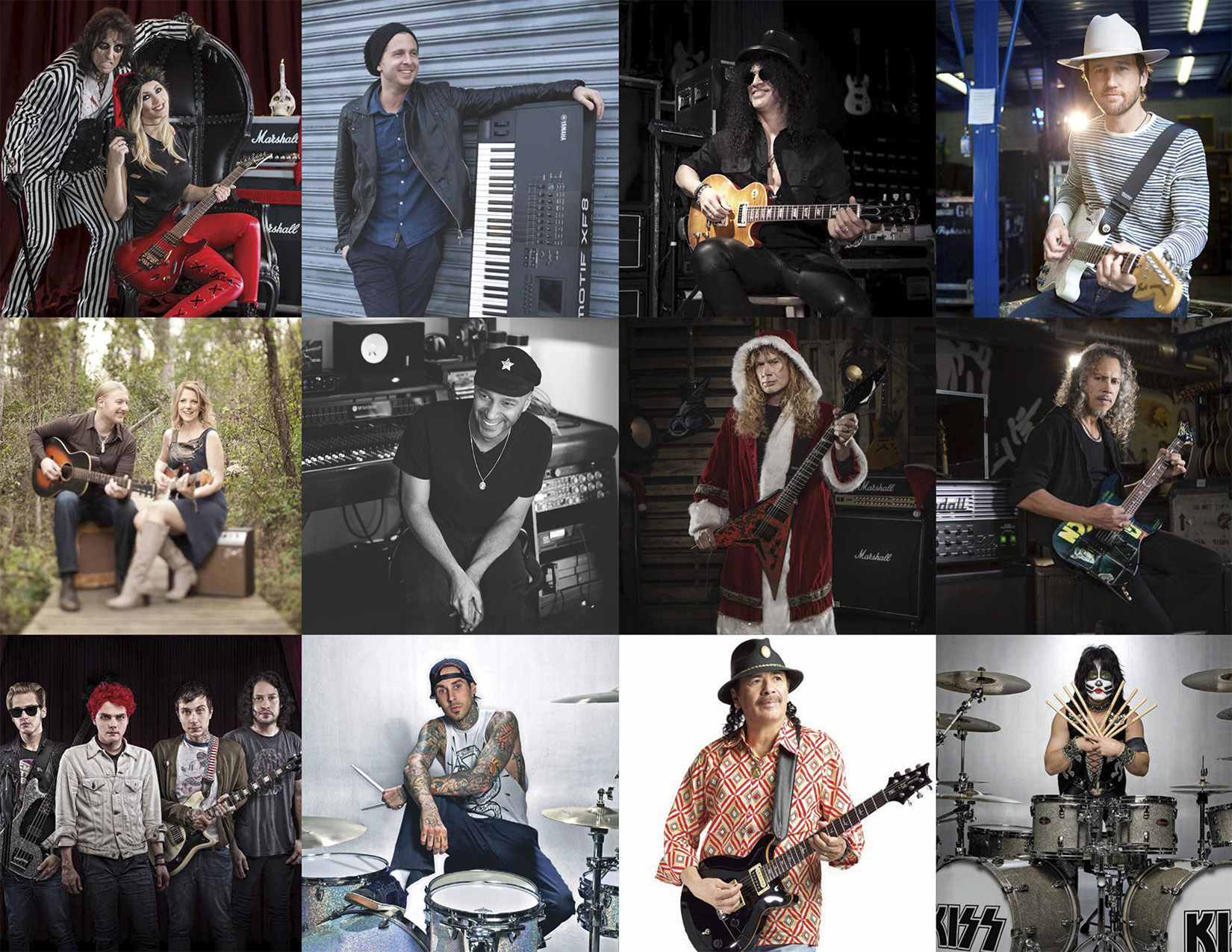 Artist photography grid — Alice Cooper, Slash, Metallica, Santana, KISS, and more