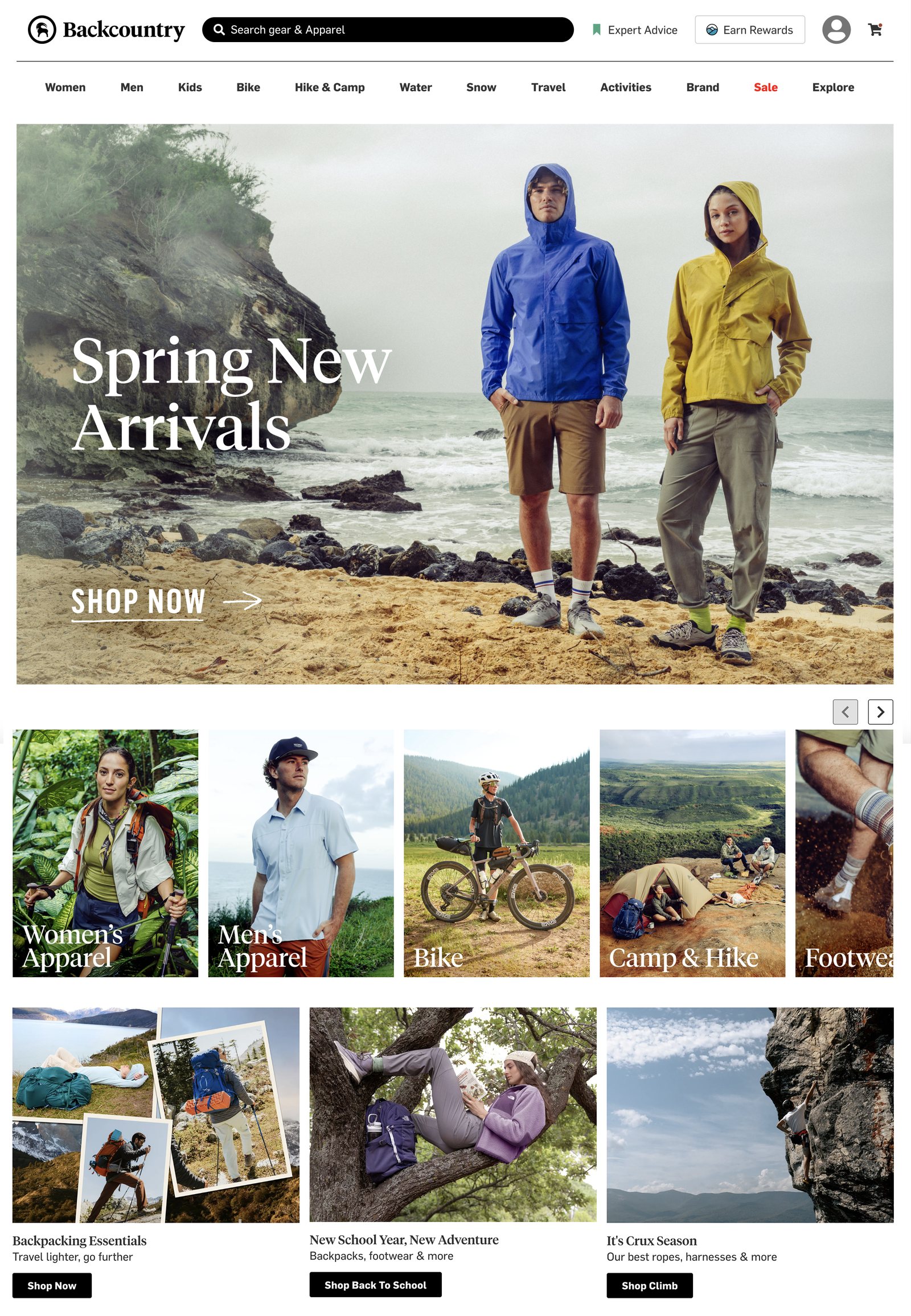 Backcountry.com homepage — Spring New Arrivals