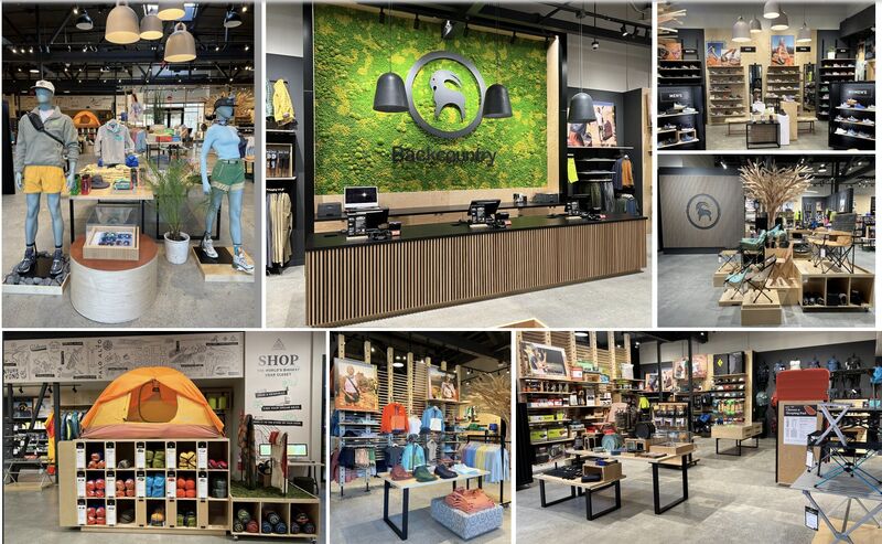 Backcountry store visual design — moss goat wall, signage, gallery frames, fixtures, wayfinding