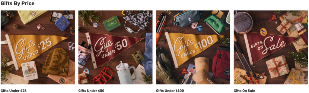 Gifts by price — pennant flag tiles for each price tier